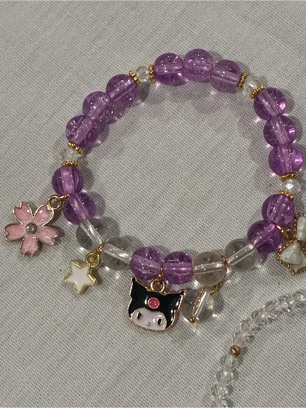 Purple Beaded Kids Charm Bracelet Set with Clear Accent Beads